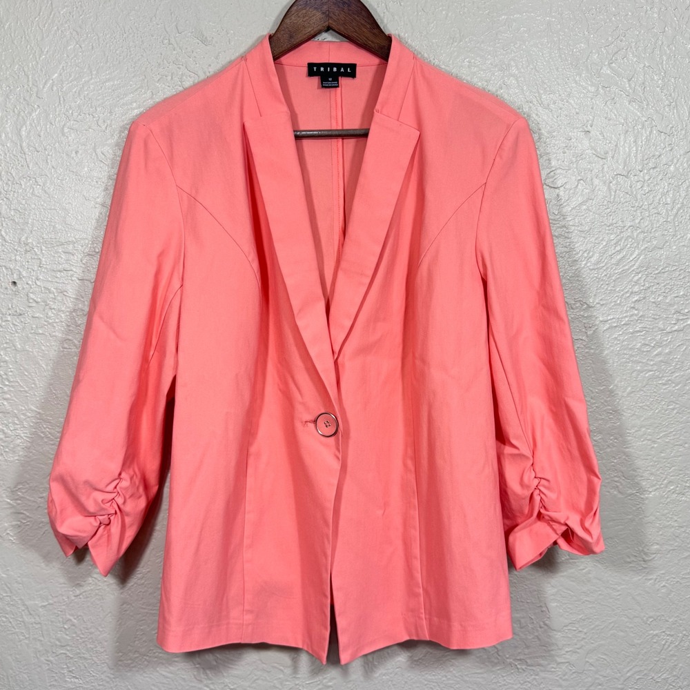 Tribal Blazer‎ Suit Jacket 12 Unstructured Ruched Coral Office Siren Career Work